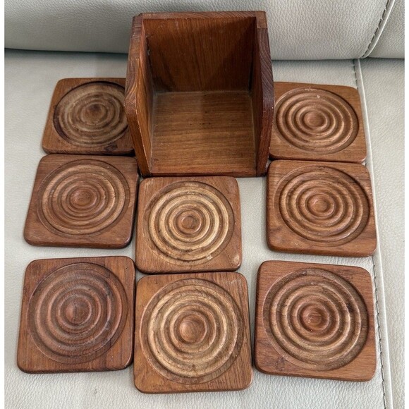 Vintage Goodwood Genuine Teak 9 piece Coaster Set Mid Century Modern - Picture 1 of 8